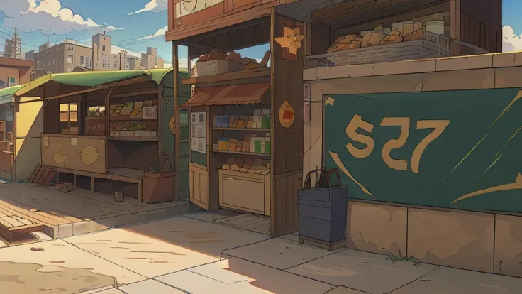 perfect anime illustration, street city market, little groceries, sunny summer day