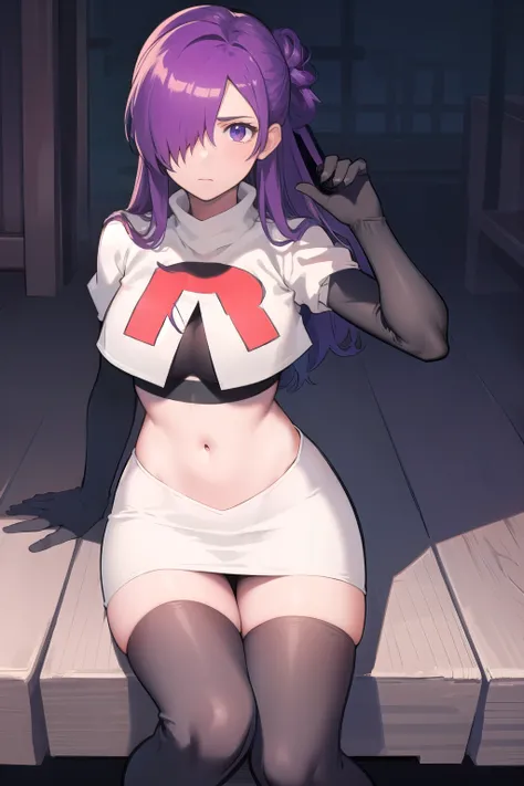 masterpiece, best quality, shez, hair over one eye, looking at viewer, team rocket,team rocket uniform,white skirt,red letter R,crop top,black thigh-highs,black elbow gloves