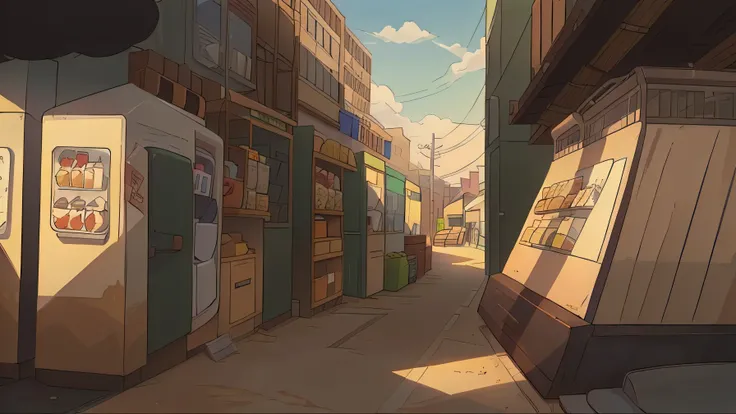 perfect anime illustration, street city market, little groceries, sunny summer day