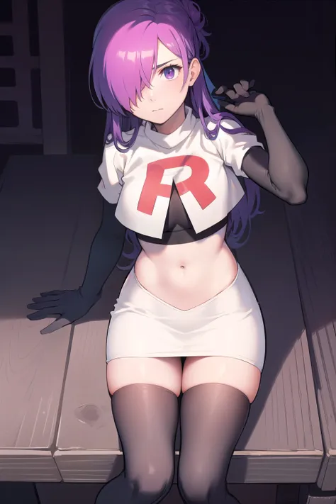 masterpiece, best quality, shez, hair over one eye, looking at viewer, team rocket,team rocket uniform,white skirt,red letter R,crop top,black thigh-highs,black elbow gloves