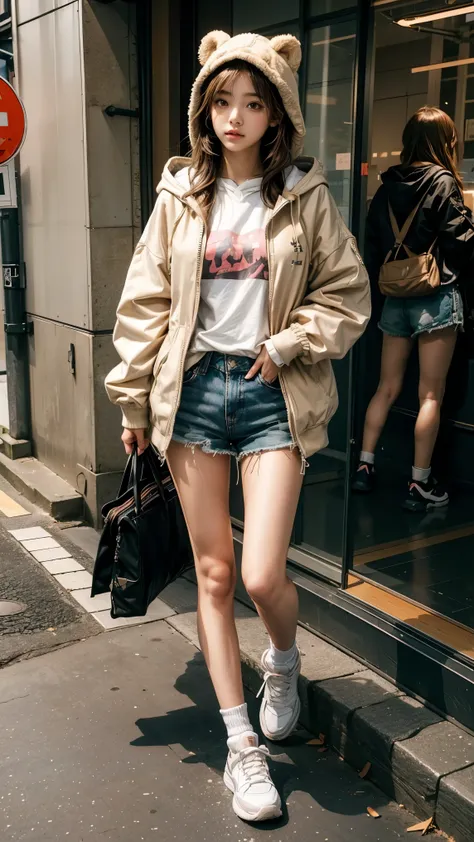 girlสวย, teenager, girl,anime style, beautiful body ,Hooded jacket,Cute bear ear hoodie,light brown hair,cause,shorts,Thick sole sneakers,ถนนharajuku japan