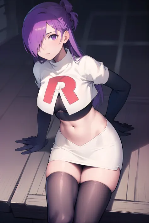 masterpiece, best quality, shez, hair over one eye, looking at viewer, team rocket,team rocket uniform,white skirt,red letter R,crop top,black thigh-highs,black elbow gloves