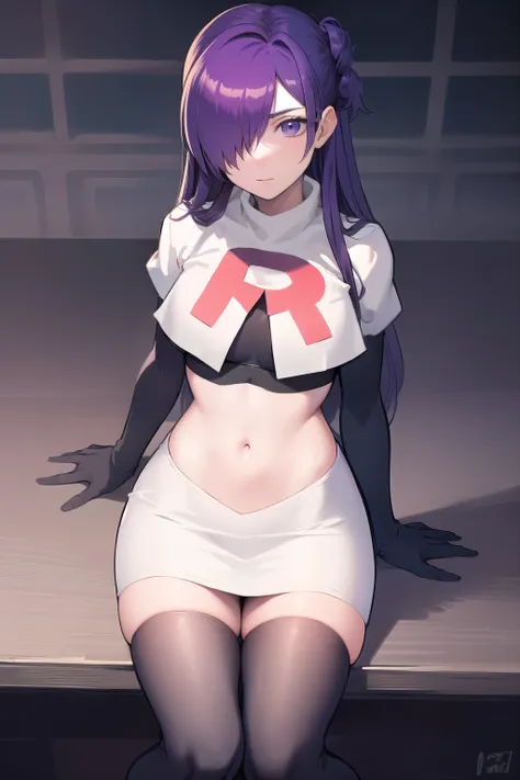 masterpiece, best quality, shez, hair over one eye, looking at viewer, team rocket,team rocket uniform,white skirt,red letter R,crop top,black thigh-highs,black elbow gloves