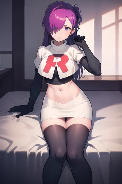 masterpiece, best quality, shez, hair over one eye, looking at viewer, team rocket,team rocket uniform,white skirt,red letter R,crop top,black thigh-highs,black elbow gloves