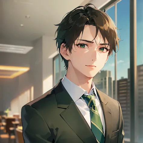 （looking at viewer:1.5）Upper Body, 
shiny skin, masterpiece、Highest quality、
BREAK(25-year-old male:1.5) and (Brown short hair) and (Green Eyes)BREAK
 BREAK (Wearing a suit:1.5) and (Green tie：1.5)BREAK
smile,Background in the office、Are standing、(alone:1....