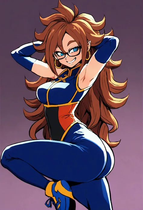 Android 21 from dragonball brown hair, long hair, curly hair, blue eyes, hoop earrings, wide hips, big ass, glasses, blue budysuit, sleeveless, unitard, Chinese clothing, blue sneakers, alone, corset, teasing, crazy smile, on knees, hands behind head,