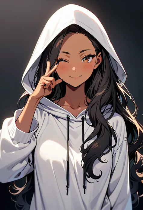 (masterpiece, best quality:1.3), a woman, 19-years-old, solo, mature face, average height, tan skin, slender figure, (long black wavy hair thats parted in the middle, no bangs:1.2), brown eyes, winking, one eye closed, cute smile, white oversized hoodie, w...