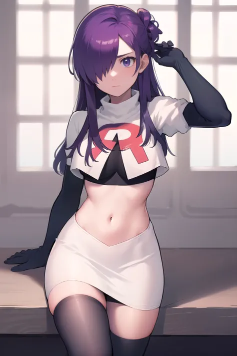 masterpiece, best quality, shez, hair over one eye, looking at viewer, team rocket,team rocket uniform,white skirt,red letter R,crop top,black thigh-highs,black elbow gloves