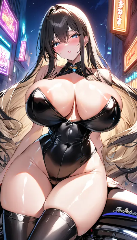 Anime illustration、alone,(Large Breasts)、(Perfect Eyes, Highest quality:1.2),Black Hair,Big and voluptuous breasts,Highest quality、idol carving、Perfect Proportions,blonde、The coastline illuminated by neon lights、 Where the moonlight shines,Riding a Harley ...