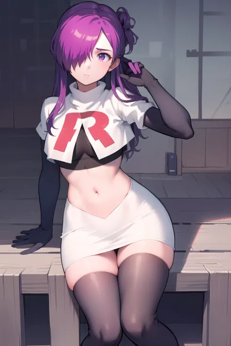 masterpiece, best quality, shez, hair over one eye, looking at viewer, team rocket,team rocket uniform,white skirt,red letter R,crop top,black thigh-highs,black elbow gloves