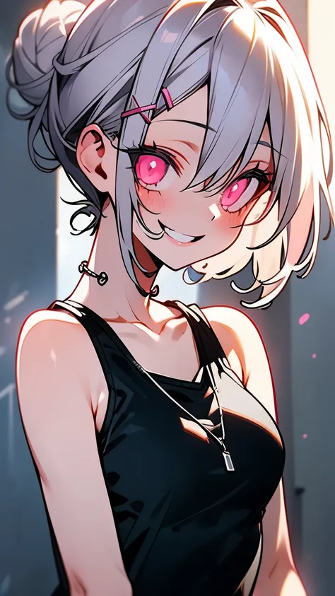 １girl、Short silver bob hair tied in a bun with a hair clip, Pink Eyes、smile、really like、Pink tank top、hot pants、Upper body close-up、Morning Cafe Terrace、Background blur, Written boundary depth