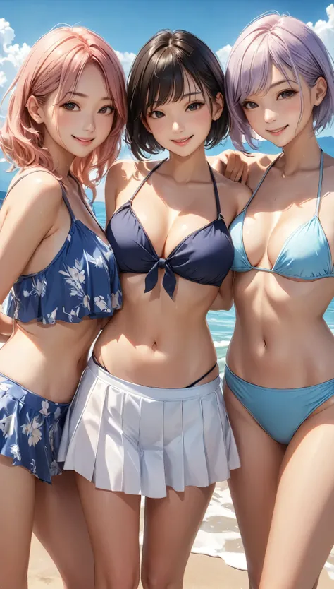 (((4:1.5))、(浜辺に寄り添って立つ4女性、bikini姿の女性4人)、Midsummer Gals、1 second、Group photo of a gal group、Selfie:1.3、Blue sea and blue sky、smile)、(Realistic、Like a photograph、Live Action、8k, Realistic, RAW Photos, Best image quality: 1.4), Single-lens reflex camera、RAW P...