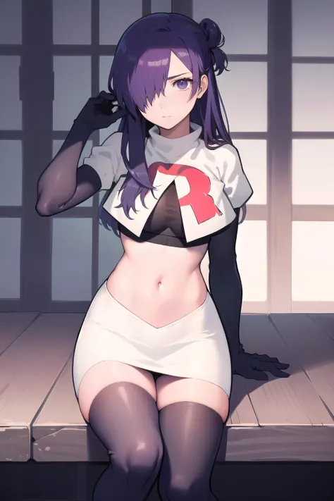 masterpiece, best quality, shez, hair over one eye, looking at viewer, team rocket,team rocket uniform,white skirt,red letter R,crop top,black thigh-highs,black elbow gloves