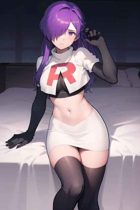 masterpiece, best quality, shez, hair over one eye, looking at viewer, team rocket,team rocket uniform,white skirt,red letter R,crop top,black thigh-highs,black elbow gloves