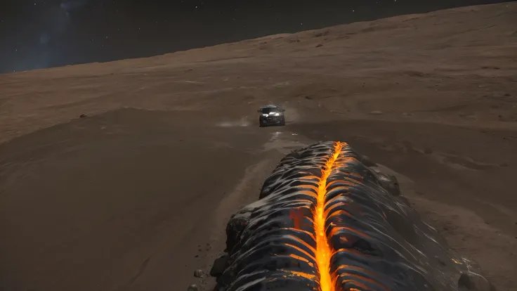 car on another planet, near a river of volcanic lava