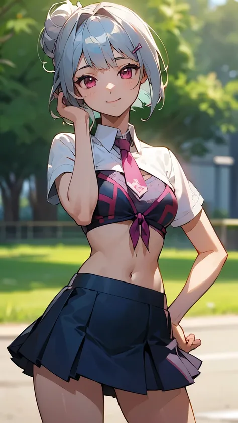 1 Girl、8K、Sharp focus、(Bokeh) (Highest quality) (Detailed skin:1.3) (Intricate details) (anime)、Silver short hair and bob hair、Tie your hair up with a hair clip、Pink Eyes、、(Please put your hands on your hips)、chest、Slim figure、bikini、A pareo skirt with bol...