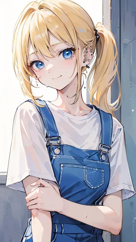 ((masterpiece、Highest quality、Very detailed))、One person、Blonde、low ponytail、Light blue eyes、evil smile、((lots of piercing))、((White T-shirt))、Short sleeve、((overalls))、((Sweat))、Warehouse Background