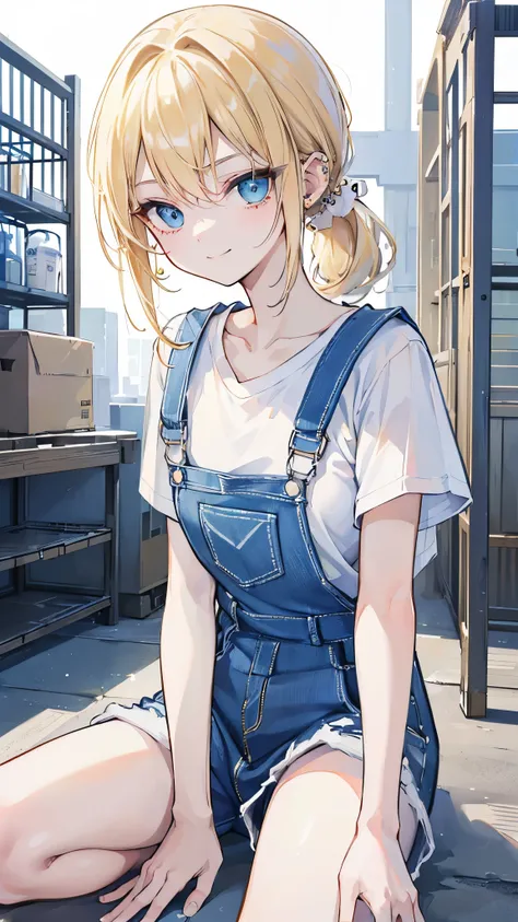 ((masterpiece、Highest quality、Very detailed))、One person、Blonde、low ponytail、Light blue eyes、evil smile、((lots of piercing))、Small breasts、((White T-shirt))、Short sleeve、((overalls))、
kneeling、Warehouse Background