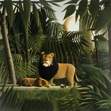 Henri Julien Félix Rousseau style、The style of Henri Rousseau、jungle、Lion biting its prey、