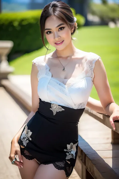 (Best quality, high resolution, Masterpiece: 1.3), an adorable Indonesian woman with a slender figure, (black layered hairstyle), wearing a pendant, ((white lace kebaya_bali, short skirt)), outdoors, sun-tanned lighting, mountains in distant background, de...