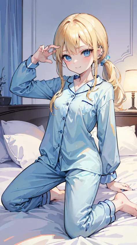 ((masterpiece、Highest quality、Very detailed))、One person、Blonde、((low ponytail))、Light blue eyes、evil smile、((lots of piercing))、Small breasts、((light blue pajamas))、thighs、kneeling、On the bed、Bedroom Background
