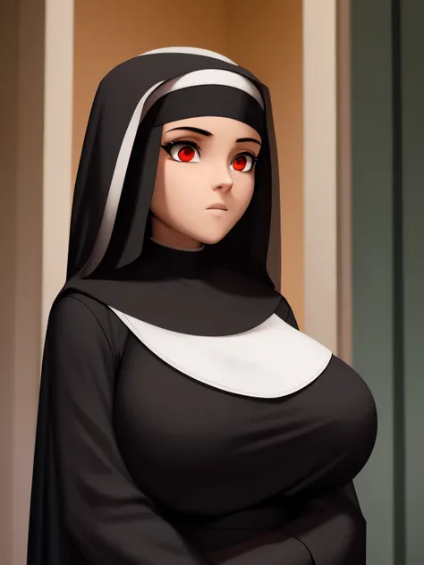 1female, looking away,Surprised expression,black hair,short hair,red eyes,half body photo,Black nun uniform, black veil,very big breast ,ultra detail, ultra HD