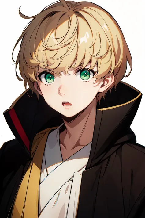 (best quality:1.1), (masterpiece:1.4), 1boy, solo, male focus,blonde hair,short hair, green eyes, monk uniform, black robe, blac...