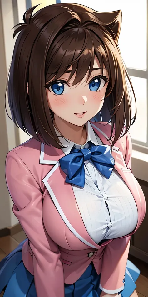1 Female,High definition,high resolution,Ultra-realistic,8K, aamazaki, (antenna hair:1.2), blue bowtie,blue eyes, pink jacket, blazer, long sleeves, blue skirt, tight skirt, miniskirt,European,sexy,Upper body close-up,Photographed from the front,Dynamic An...