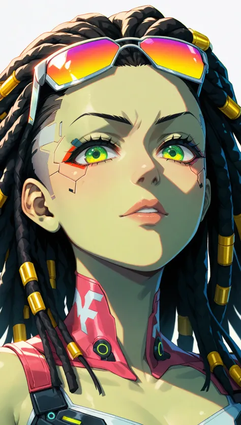 in style of Anna Razumovskaya，
A beautiful cyberpunk girl with black hair in a lot of colored dreadlocks, big eyes flashing bright neon yellow-green, and sunglasses on her head, like Jittedo from the Cyberpunk Edge Warrior animated series. She held to her ...