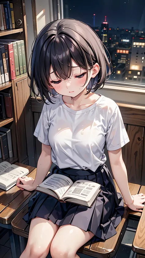 Japanese、One high school girl、Looking down、Looking down、Looking down、Facing depressed、Facing depressed、Eyes closed、Eyes closed、Eyes closed、Short Hair、Short sleeve T-shirt、Very short skirt、Sitting in a chair、Reading a book、Desk in my room、Barely、looking at ...