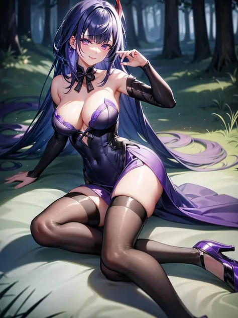 Goodbye Raiden|genshin impact, high, masterpiece, full height, stockings, detailing, heels, Short dress, Purple Dress, costs, In the woods, day, jewelry in the ears, costume jewelry around the neck, seductive smile,  haughty face, Lip make-up, light makeup...