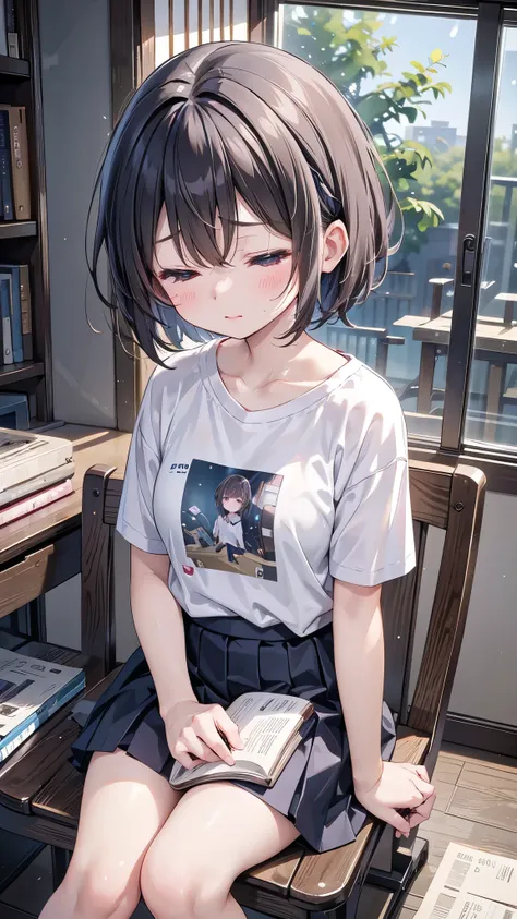 Japanese、One high school girl、Looking down、Looking down、Looking down、Facing depressed、Facing depressed、Eyes closed、Eyes closed、Eyes closed、Short Hair、Short sleeve T-shirt、Very short skirt、Sitting in a chair、Reading a book、Desk in my room、Barely、looking at ...