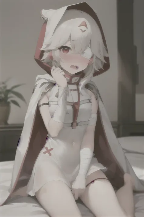 leibei1,1girl,red eyes,blush,solo,rabbit hood,cloak,white dress,earrings,sweat,open mouth,@ @,short hair,bandaged arm,bandaged leg,eyepatch,tears,nose blush,sitting,leg up,white background,looking at viewer,flying sweatdrops,hair ornament,indoor,on bed,, m...