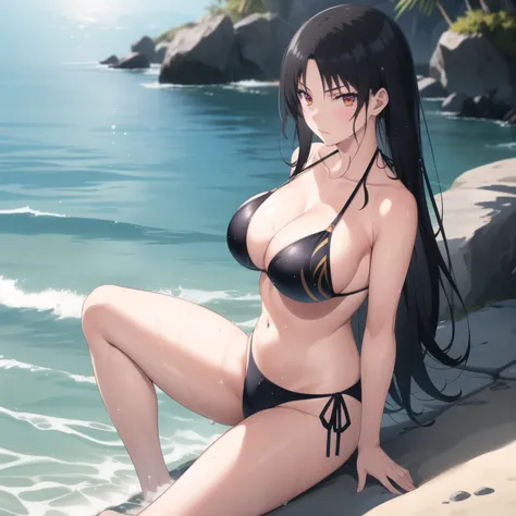 Suzune Horikita, Woman 25 years old, straight black hair , Red eyes, Pale skin, big breasts, panther design bikini, background a beach. wet body