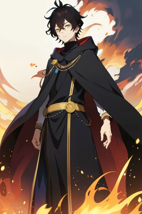 1boy, standing,solo,black hair, yellow eyes, short hair, hair between eyes black monk uniform, black hood, black robe,, half bod...