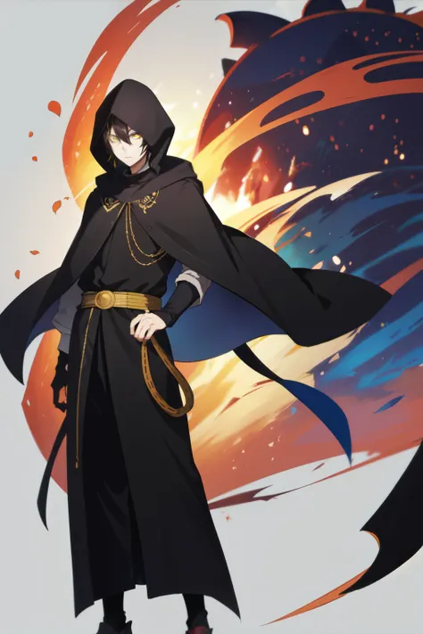 1boy, standing,solo,black hair, yellow eyes, short hair, hair between eyes black monk uniform, black hood, black robe,, half bod...