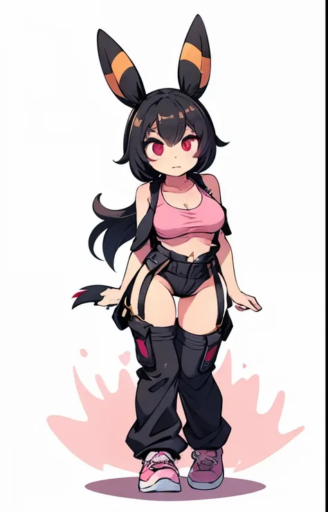 A woman wearing an open black leather jacket, Underneath she wears a pink sleeveless top that reaches below her breasts. He also wears black cargo pants with yellow suspenders hanging on the sides.. has a big butt, slim waist, red eyes, Umbreon ears and me...