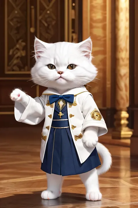 masterpiece、Highest quality、Very detailed、(Chibi Chara White Cat:1.2),Realistic Cat,Detail coat,Wizard ,Royal Hall,Laughter,Full body standing,