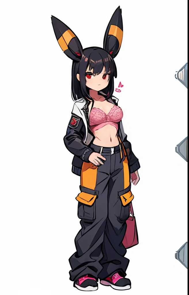 Black hair, Umbreon ears, red eyes, black cargo pants, pink lace bra, médium breast, open leather jacket 