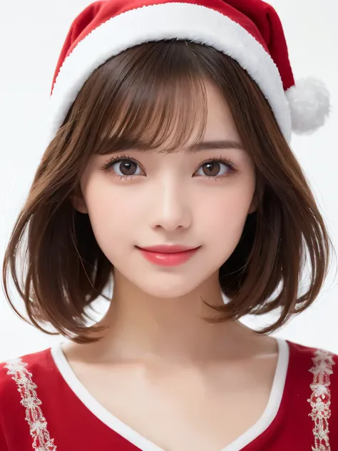 white background, full body portrait, looks very happy, smile, one girl, (a beauty girl, delicate girl:1.3), (20 years old:1.3),  (Santa Claus clothes), very fine eyes, (symmetrical eyes:1.3), C cup breasts, brown eyes, parted bangs, short hair, (eyes and ...