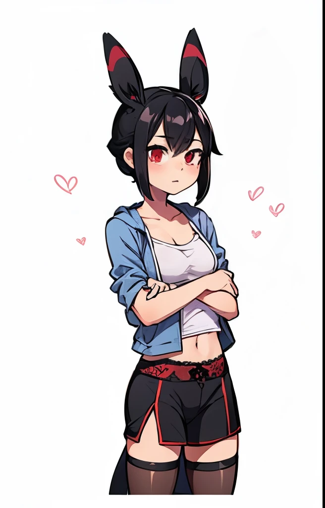 Pink lace underwear、Changing clothes in the dressing room, black hair , red eyes, Umbreon ears 