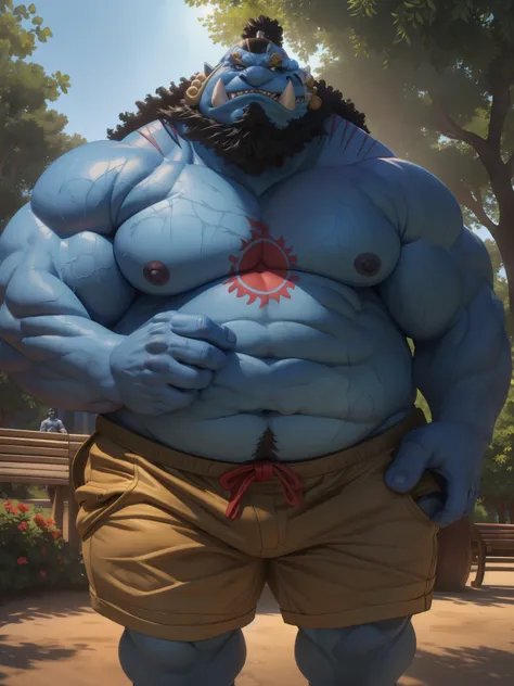 lindong, zorojz echin, (1 boy, muscular, pectoral, chubby, topless, shirtless, jinbei:1.2, blue skin, shorts, smile, park, park background, best quality, 4k, 8k, highres, masterpiece:1.2, ultra-detailed, realistic, photorealistic, photo-realistic:1.37, HDR...