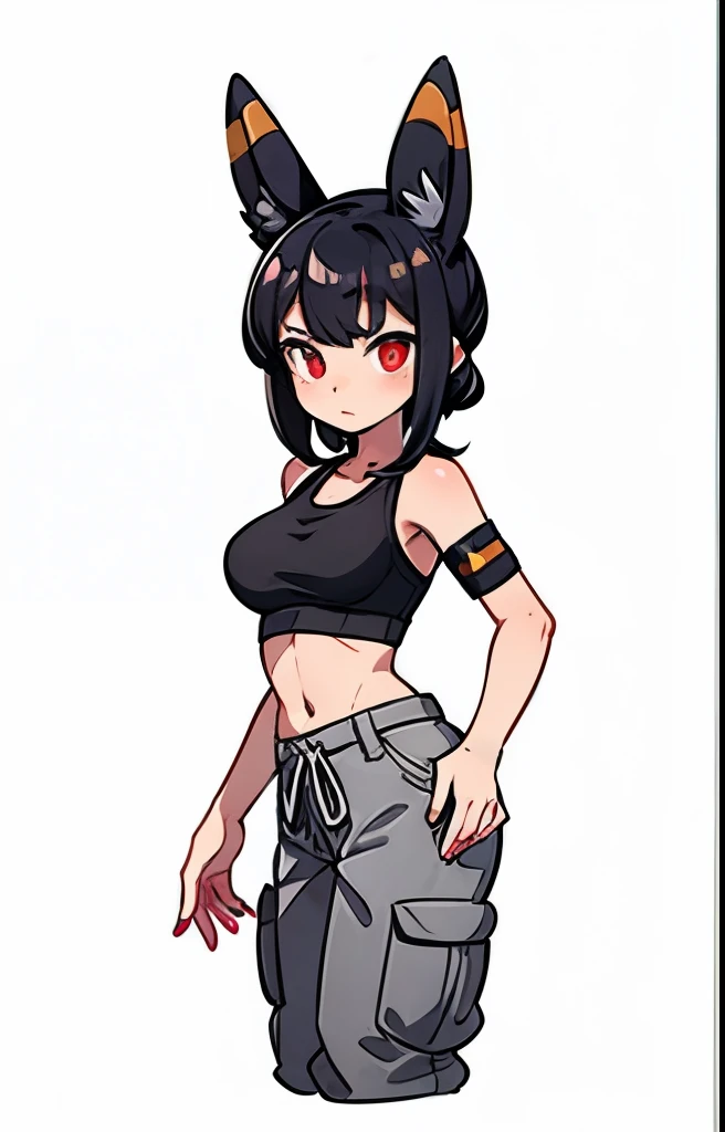 Black hair, Umbreon ears, red eyes, black cargo shorts, pink sports bra, médium breast, open Black leather jacket, slim waist