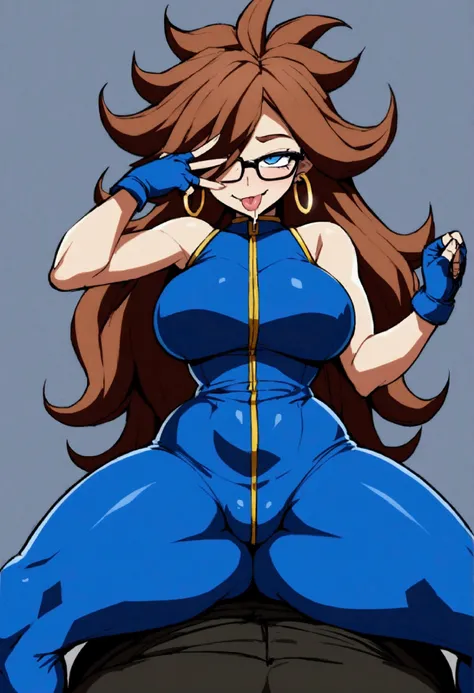 Android 21 from dragonball brown hair, long hair, curly hair, blue eyes, hoop earrings, wide hips, big ass, glasses, blue budysuit, blue vest, sleeveless, unitard, blue jordan1s, alone, curvy, bubble butt, solo focus, solo female, squashing thighs, fingerl...