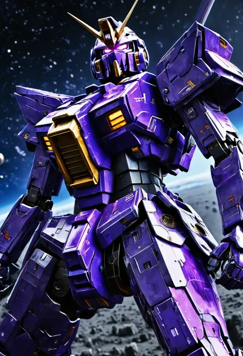 a violet gundam robot, samurai styling, staring up, low angle, lunar surface, raging battle in space, best quality, 8k, highres, masterpiece, ultra-detailed, realistic, photorealistic, HDR, UHD, studio lighting, ultra-fine painting, sharp focus, physically...