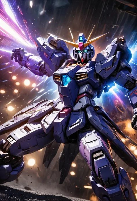 a violet gundam robot, samurai styling, staring up, low angle, lunar surface, raging battle in space, best quality, 8k, highres, masterpiece, ultra-detailed, realistic, photorealistic, HDR, UHD, studio lighting, ultra-fine painting, sharp focus, physically...