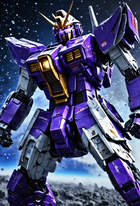 a violet gundam robot, samurai styling, staring up, low angle, lunar surface, raging battle in space, best quality, 8k, highres, masterpiece, ultra-detailed, realistic, photorealistic, HDR, UHD, studio lighting, ultra-fine painting, sharp focus, physically...