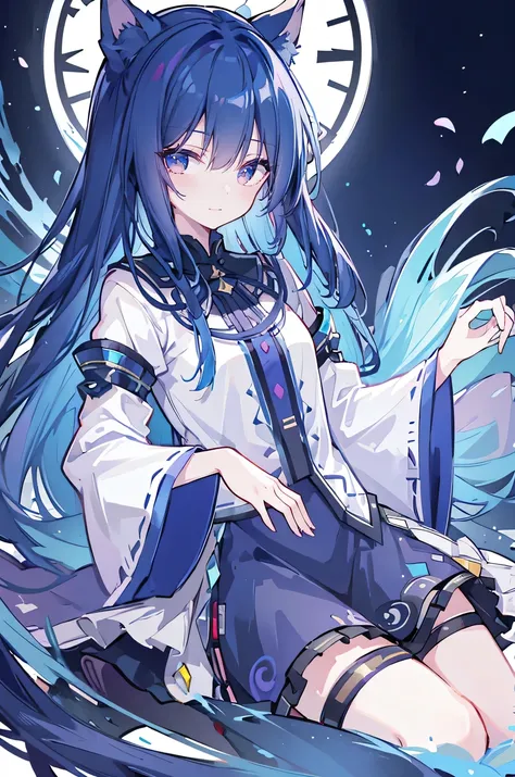 oung Girls,Humanity,A magician always smiles,big witch hat,cute,dark blue long hair,The eyes are dull,The bangs are heavy,Thin eyebrows,fantasy,intake,Double teeth,Star Theme,Constellation pattern,Solid color clothetal decoration,cloak,A bit of a dark atmo...