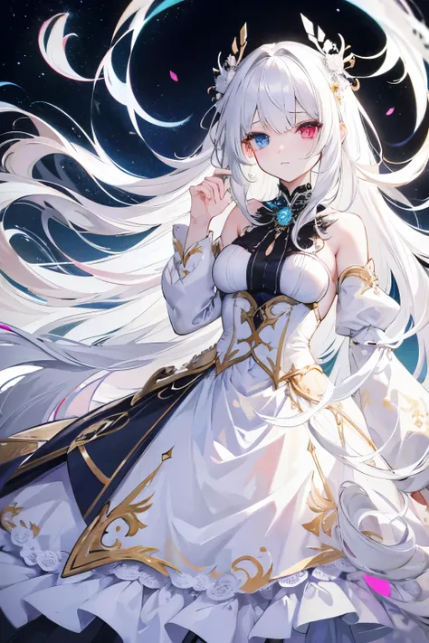 Long white hair, fancy ball dress, Heterochromia