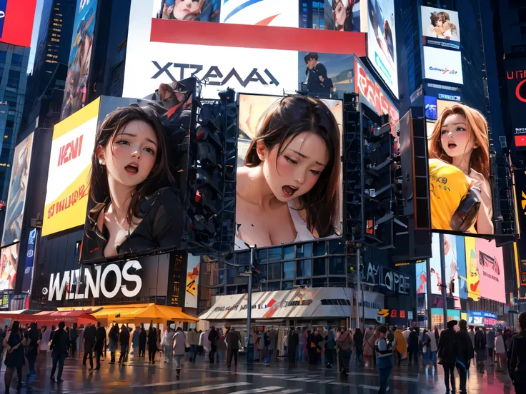 styled times square likes street, ((massive broadcast board broadcasting a masturbating woman)), old oil paintings, obscene,